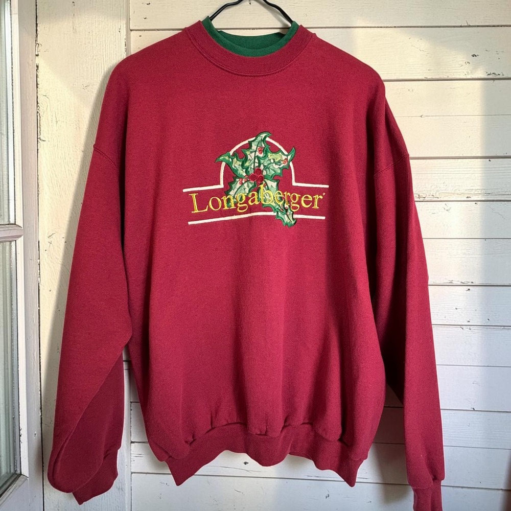 Vintage Sweatshirt Longaberger XL Red Cotton Poly Holly Embroidery